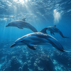 Fototapeta premium A peaceful underwater scene of a group of dolphins swimming near the ocean surface