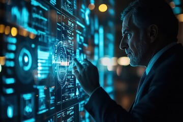 A CEO analyzing a transparent KPI display, with futuristic holographic charts representing key performance benchmarks.