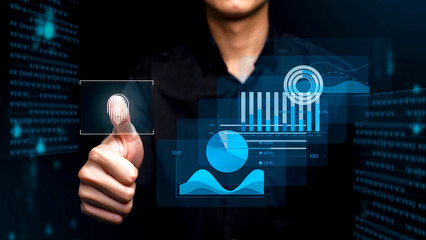 A person uses biometric authentication with a fingerprint scan, overlaid with futuristic digital data visualizations, including graphs and analytics in a high-tech interface.
