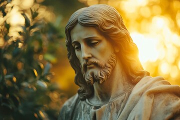 Obraz premium Ancient stone statue of Jesus Christ looking down with golden light in the background