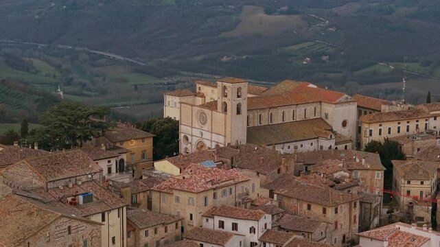Cathedral of Todi, Umbria in Italy. Aerial drone orbiting