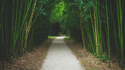 Fototapeta premium A serene pathway meanders through lush bamboo stalks, creating a peaceful natural tunnel inviting exploration and tranquility.
