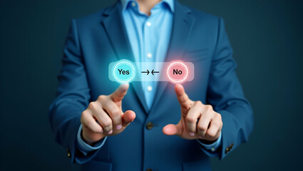 Visual Representation of Decision Making: Hands Hovering Over Yes and No Options in a Digital Poll Interface - Stock Photo Concept with Empty Space for Customization