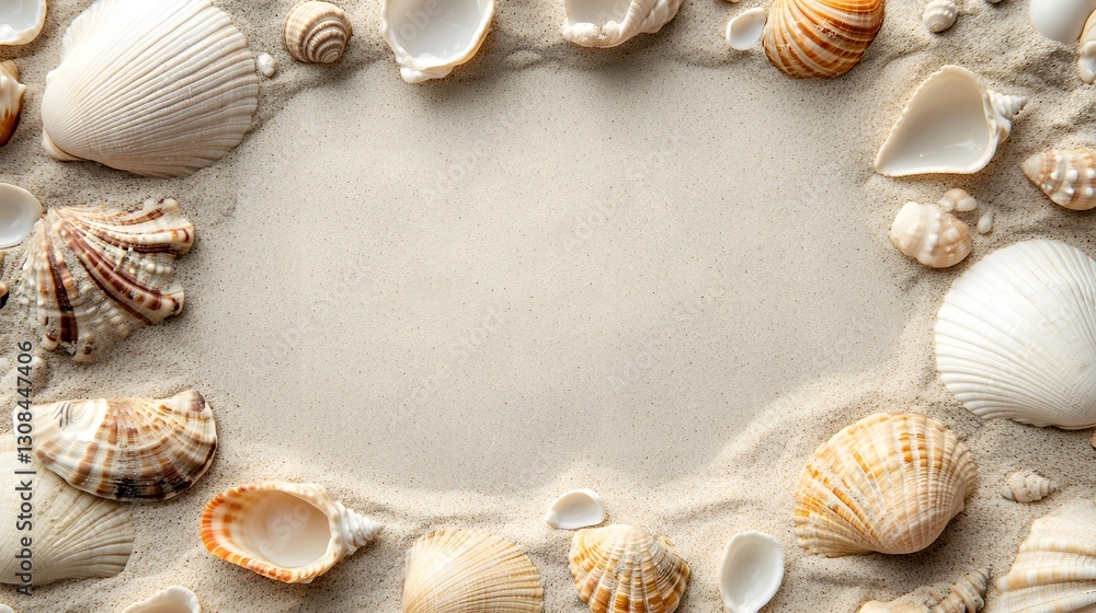 Poster seashells of various shapes surround sand creating an open center space