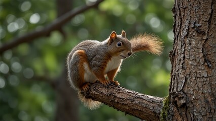 Obraz premium A curious squirrel, perched on a tree branch, nibbling on an acorn while watching the world below.