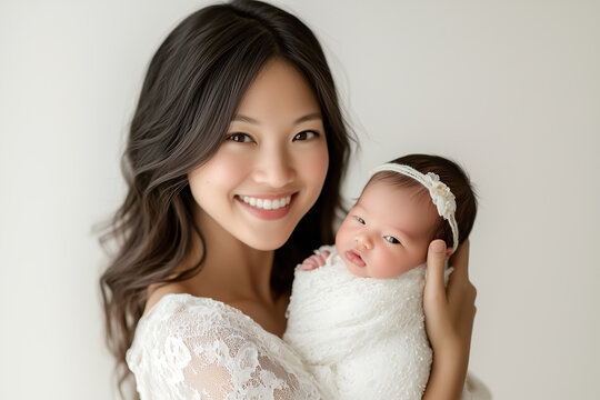 Asian woman is holding a baby in a white blanket. The baby is wearing a white headband. The woman is smiling and she is happy - Powered by Adobe