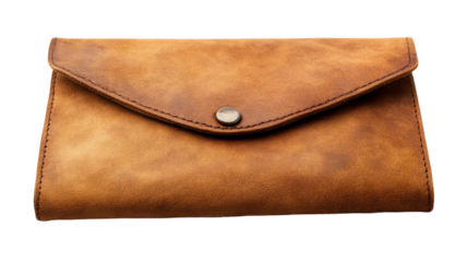A stylish tan leather clutch purse with a subtle flap closure and a single metallic button.