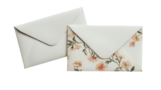 Two elegant envelopes, one plain and one adorned with a delicate floral pattern, rest on a surface. Perfect for correspondence or special occasions.