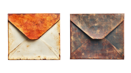 Two aged envelopes showing the effects of time and weathering. One has an orange hue, while the other is predominantly dark brown.  A study in texture and decay.