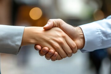 Business Allies: Close-Up of a Successful Handshake Between Male and Female Professionals in Corporate Setting