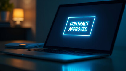 Glowing Contract Approved Holographic Notification Above Laptop: Visualizing Contract Validation Concept with Stock Photo Featuring Empty Space for Customization