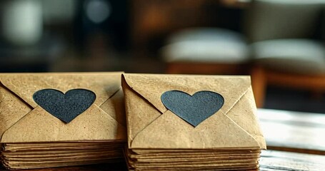 Stacked kraft envelopes with heart-shaped labels; intimate note; wooden table; background blurred - Powered by Adobe