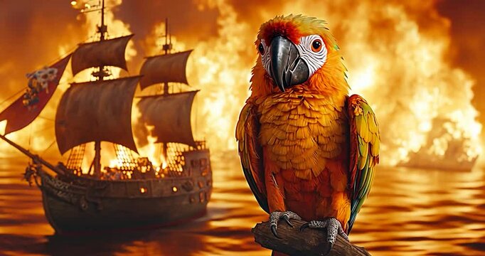 Parrot on branch, pirate ship on fire, dramatic scene