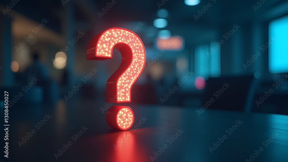 Poster exploring customer curiosity: holographic question marks in modern support interactions