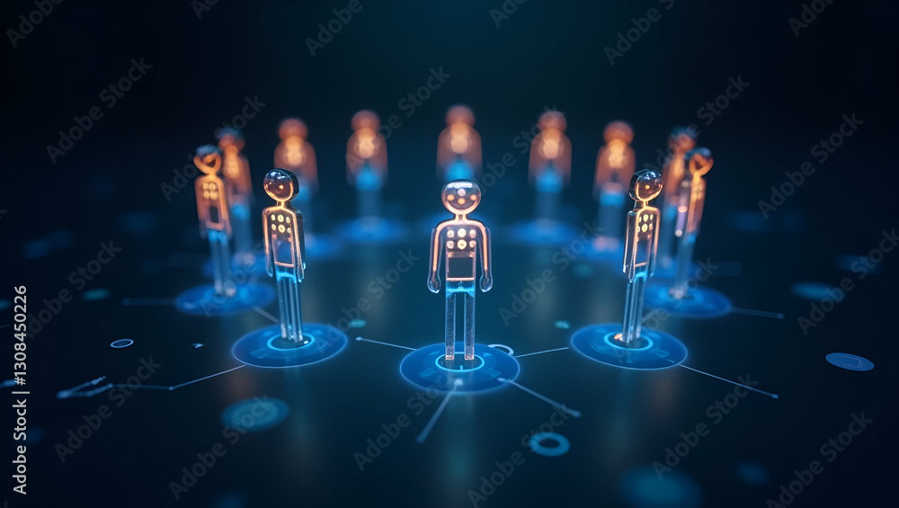 Poster holographic team icons arranged in a circle for role play pushing users to coordinate tasks brainsto