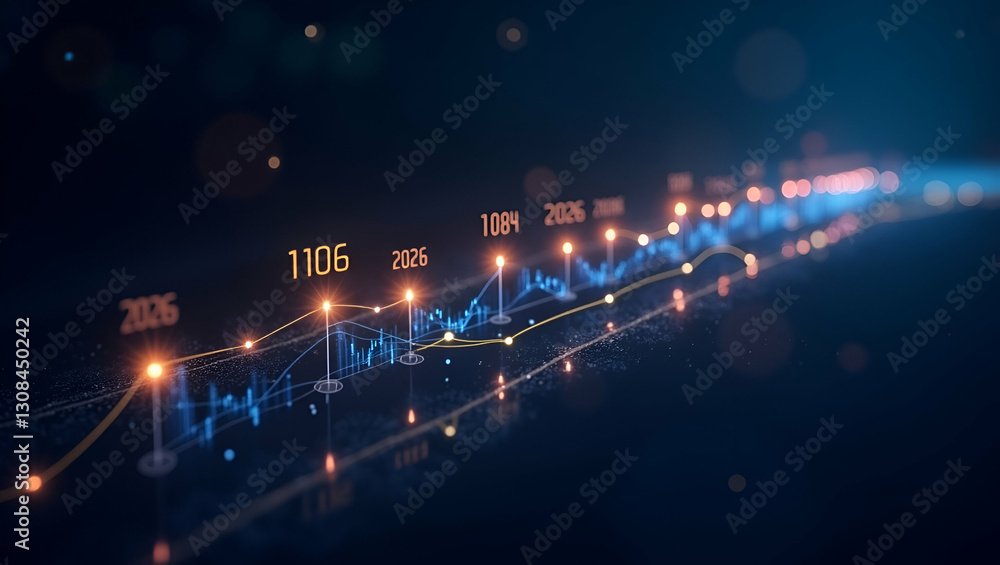 Poster future planning and strategic roadmap development: a glowing roadmap with milestones for 2026 and be