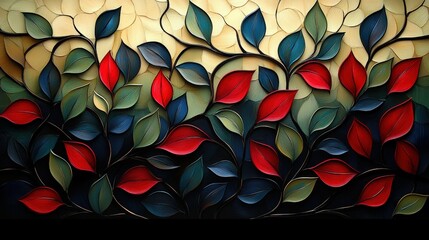 Red and green leaves, textured art