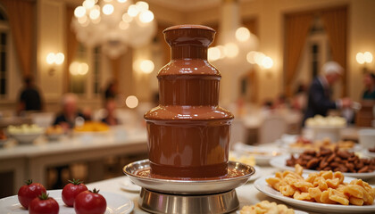 Luxurious chocolate fountain at elegant hotel buffet, indulgent dessert experience