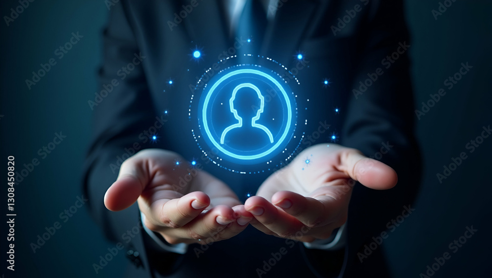 Poster floating hologram highlights user satisfaction and loyalty symbolizing customer centric services and