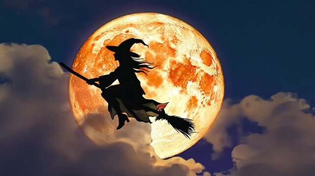 A witch flying on a broomstick over a full moon. The image has a spooky and mysterious mood