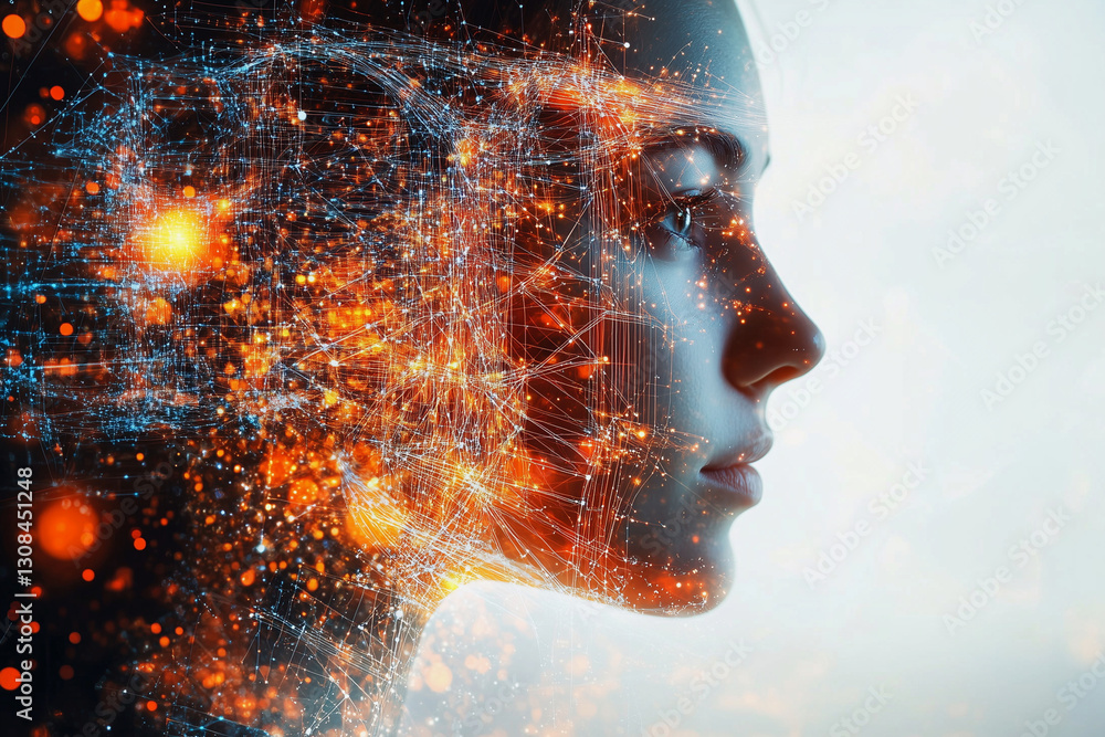 Poster woman's face is shown in a computer generated image with a lot of glowing lines and dots. the image 