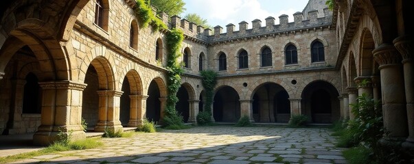 Fototapeta premium Gothic castle courtyard, stone walls, ancient architecture, details, history