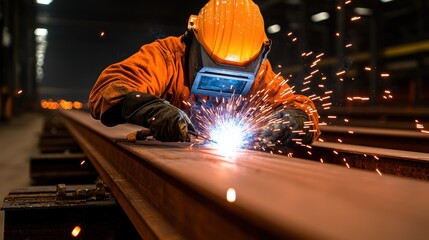 Skilled Welder Working on Steel Rails in Industrial Setting