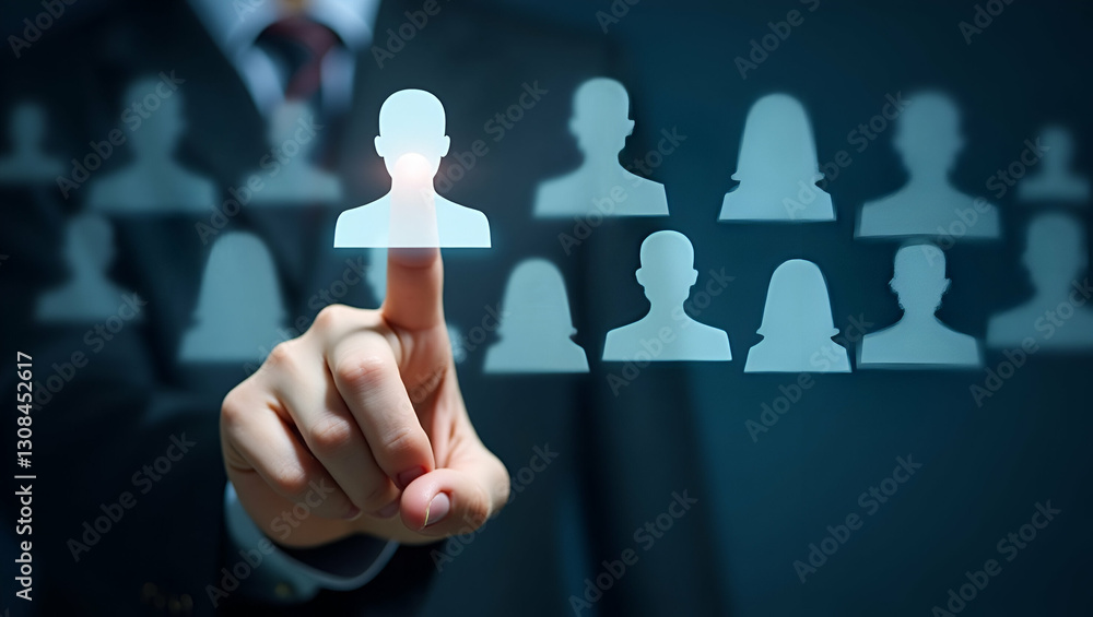 Poster user profile selection a hand scrolling through holographic user profiles for hiring or verification