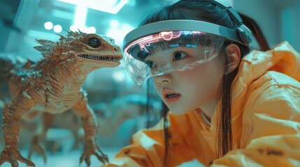 Child in Virtual Reality Interacting with Dinosaur Robot Model