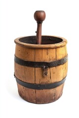 Vintage Wooden Churn: Antique Butter Maker Isolated on White Background for Farming and Milk Production