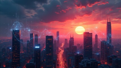 Fototapeta premium Futuristic AR overlays, Cityscape at sunset with holographic AR visuals and futuristic neon maps glowing in bright saturated tones