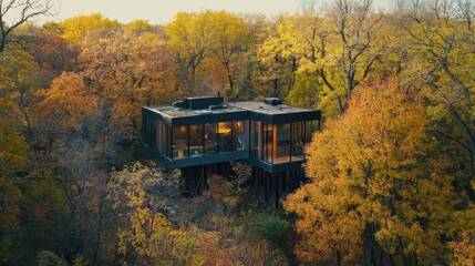 Autumnal Retreat: Modern Glass House Nestled in Vibrant Fall Foliage