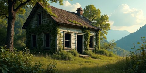 Serene Overgrown Cottage Nestled in a Verdant Mountain Valley, Basking in Golden Hour Sunlight