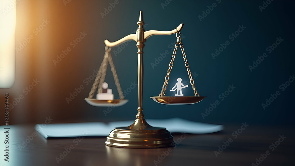 Aufkleber holographic scales of justice and regulatory icons hovering above a desk in a professional setting -