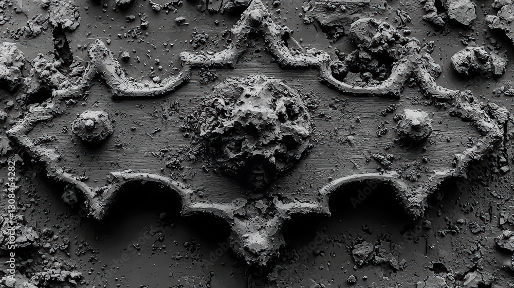 Poster close-up of a black surface featuring numerous small holes creating a unique pattern and texture