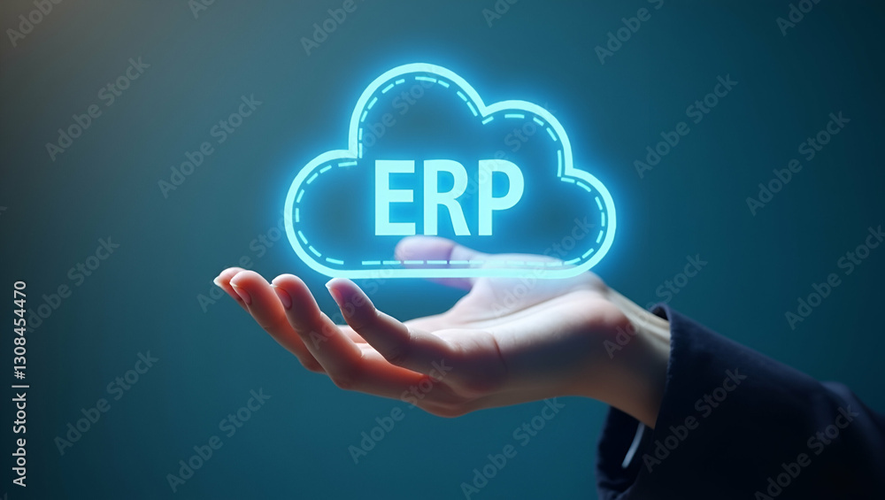 Poster hand holding holographic erp integration cloud icon illustrating erp integration with cloud in minim