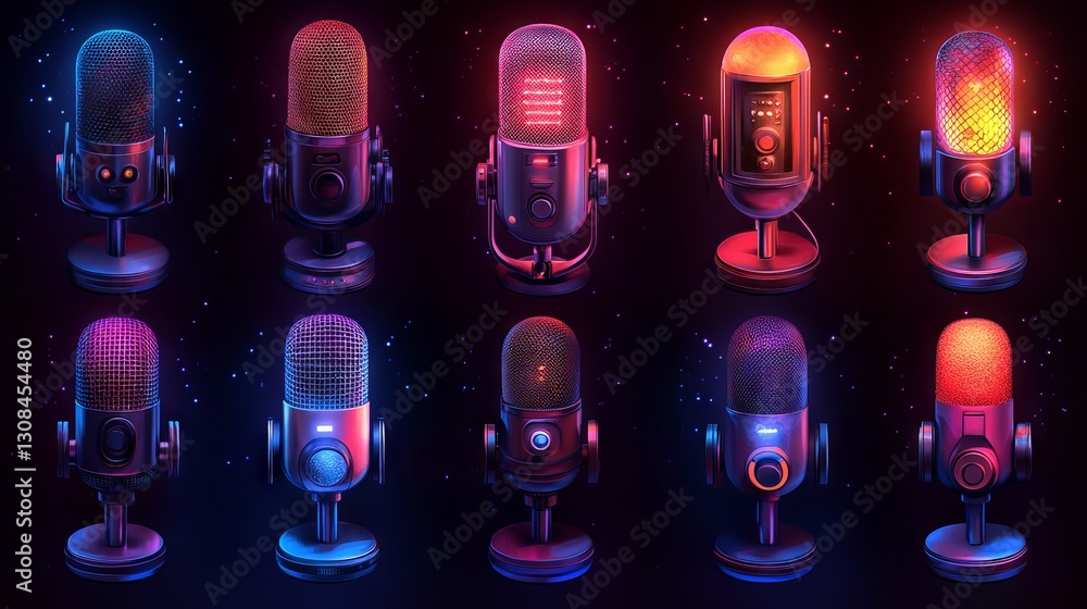 Poster comprehensive microphone icons set – versatile vector illustration featuring variant designs for kar