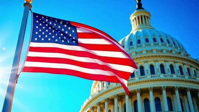 Iconic US Capitol with Golden Dome and Waving American Flag