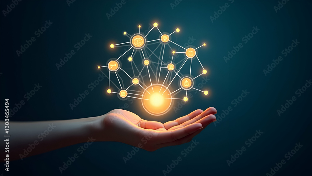 Poster empower your business: a hand holding a glowing sphere with tech icons illustrating digital transfor