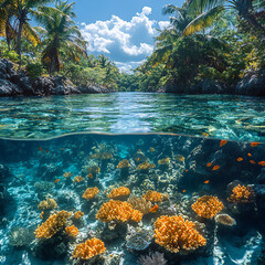 Naklejka premium A tranquil underwater lagoon with a coral reef teeming with colorful fish