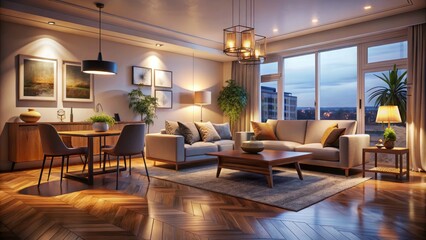 Fototapeta premium Modern Living Room Night Photography: Wooden Chairs, Brown Floor, White Walls, Sofa