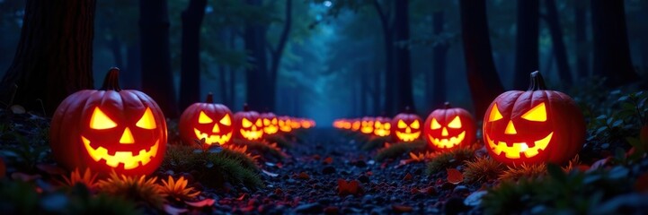 Obraz premium Glowing jack-o'-lanterns illuminate dark forest path at twilight , background, mood, scene