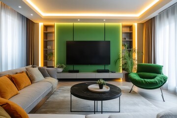 A chic, contemporary living room with green accent walls, designer furniture, and ambient lighting, showcasing a cozy atmosphere.