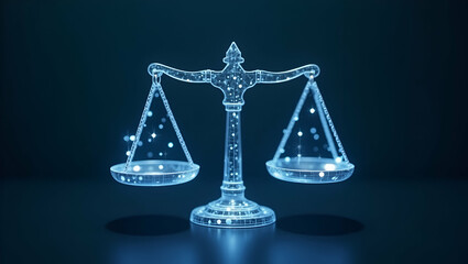 Flat Holographic AI Icons with Justice Scales: Symbolizing Ethical AI Use in Corporate Settings