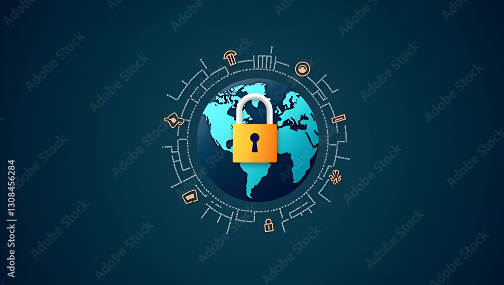 Poster global cybersecurity: a flat vector illustration of a globe surrounded by encryption symbols showcas