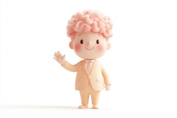 Obraz premium A cheerful 3D cartoon boy with pink curly hair, wearing a light beige suit, waves hello.