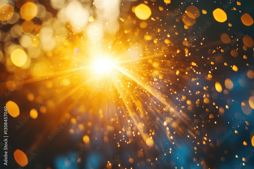 Poster radiant golden light bursts forth, illuminating the darkness with sparkling particles and bokeh effe