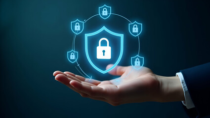 Secure Your Data: A Hand Holding a Floating Shield with Padlock Icons - Symbolizing Data Encryption and Protection in Stock Photo with Space for Text