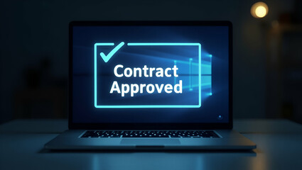 Glowing Contract Approved Holographic Notification Above Laptop: Visualizing Contract Validation Concept with Stock Photo and Space for Customization