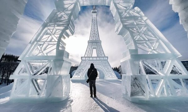 A Solo Traveler in Awe of an Intricate Ice Sculpture of the Eiffel Tower at the Harbin Ice Festival, Framed by Soft Snow Clouds and Their Shadow Stretching Across the Icy Path